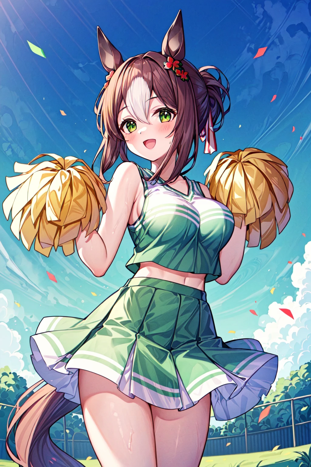 (masterpiece), (best quality), (ultra-detailed), photorealistic, (best illustration), ((an extremely delicate and beautiful)), 1girl, cowboy shot, cheerleader, pom pom \(cheerleading\), :d, green clothing, green skirt, large breasts, blue sky, confetti, <lora:acogare_gfw_cheer_girl_nai_4:0.7> <lora:umamusume_finemotion:0.8> finemotion, folded ponytail, (((clover))) hair ornament, horse ears, horse tail, looking at viewer, <lora:more_details:0.4>