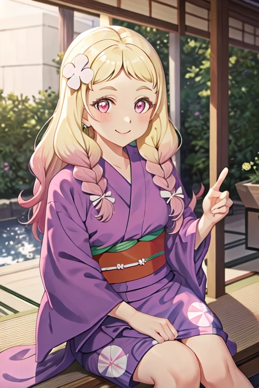 best quality, masterpiece, highres, solo, {yukata:1.40}, {kimono:1.20}, {onitsuka_natsumi_lovelivesuperstar:1.15}, blonde_hair, multicolored_hair, gradient_hair, pink_hair, braid, long_hair, twin_braids, pink_eyes, hair_ornament, smile, flower, hair_flower, blush, bangs, red_eyes