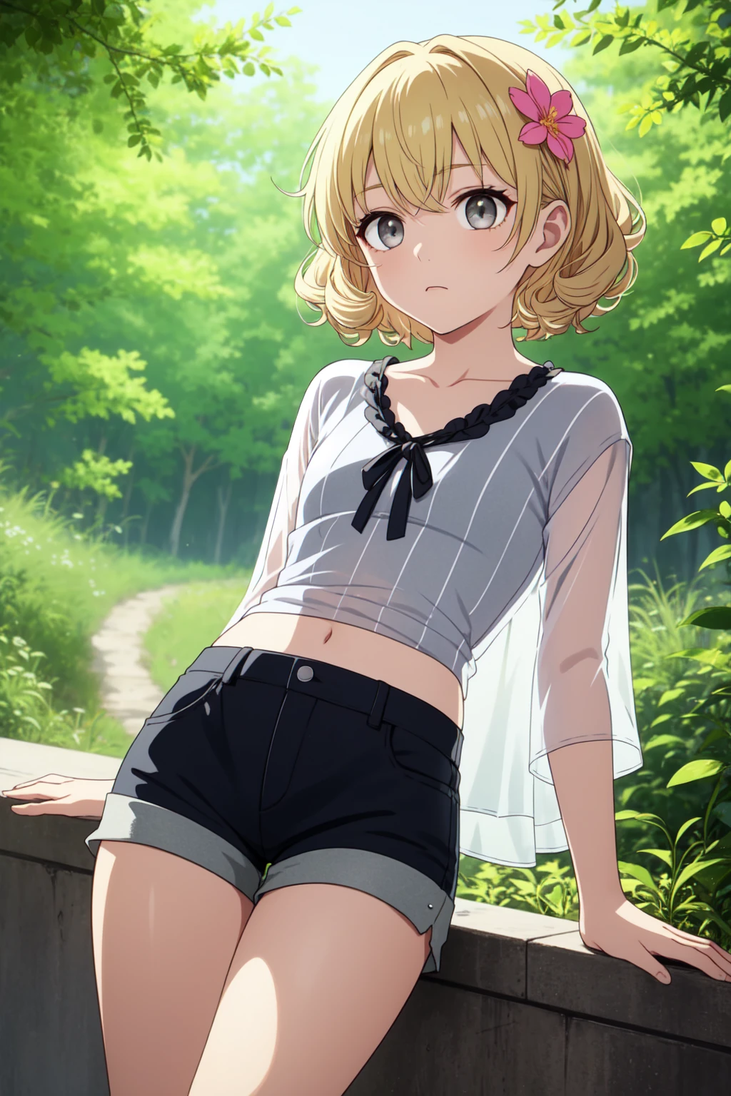 (masterpiece, best quality, SFW:1.2), evocative, angelic, post-processing, shimmering light
BREAK
1girl, shy, looking down,(cute, petite:1.2), flat_chest, thin legs, thighs, (golden hair, short hair, chonmage, curly hair:1.2), (gray eyes:1.2)
BREAK
(see-through  striped shirt, flower trim, blonde shorts, earclip)
BREAK
Extreme Close-Up Shot, v arms
BREAK
outdoors, nature