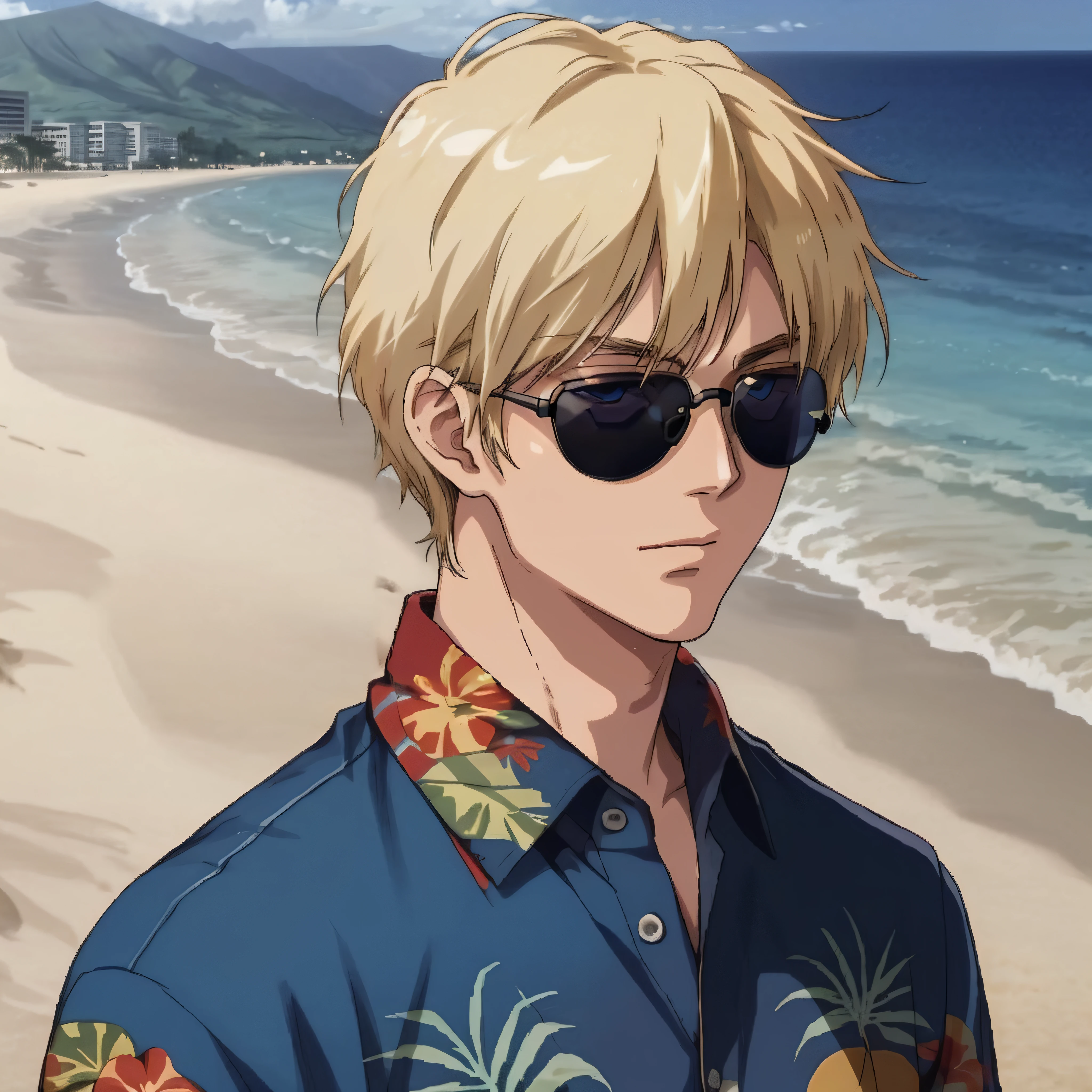 photorealistic, cinematic, <lora:gundam personnel:0.6>, man, blonde hair, sunglasses, beach, Hawaiian shirt