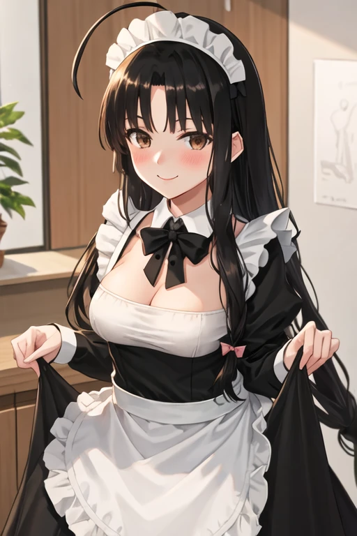 best quality, masterpiece, highres, solo, {shouhou_kantaicollection:1.15}, long_hair, black_hair, brown_eyes, ahoge, smile, blush, breasts, 1girl, alternate_costume, apron, enmaided, looking_at_viewer, maid, dress, black_dress, white_apron, maid_headdress, frills, long_sleeves, one-hour_drawing_challenge