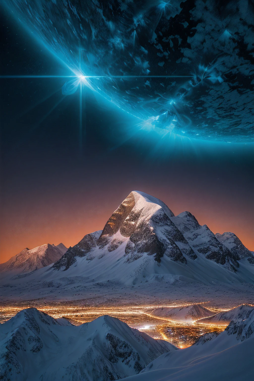 RAW photograph of a (snow covered mountain range) at night,with (5un5p0t sun:0.9)(rising high in the sky above),with sunspots and solar flares,HDR,(wide angle shot),sharp focus,(highly detailed),(8k wallpaper),intricately detailed,highres,absurdres,hyper realistic,8K UHD DSLR,IMAX,extremely intricate,4k textures,cinematic look),hyperdetailed,<lora:C0r0n4_06B-000002:0.9>,