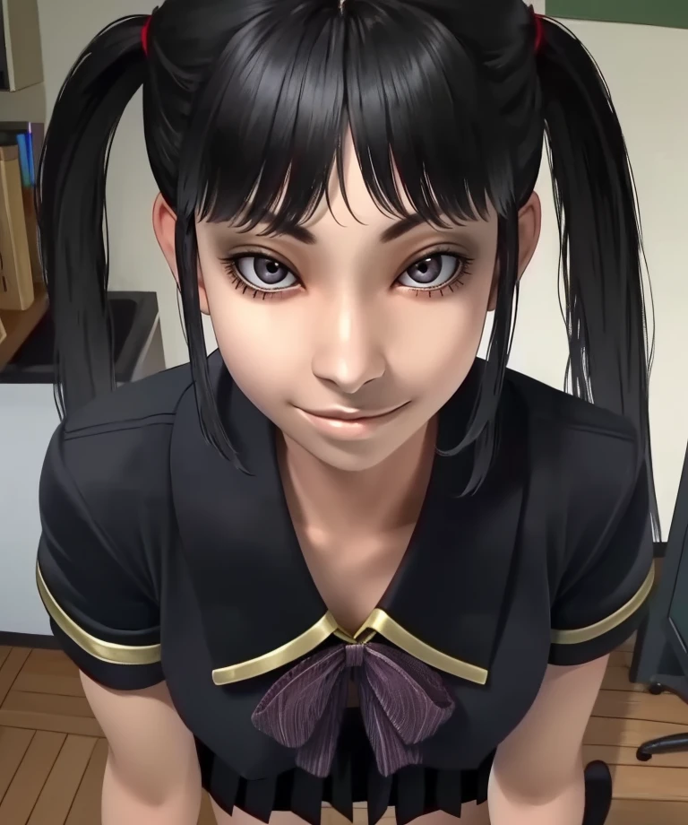 Kamira,black hair,bangs,long twintails,black eyes,
black school uniform,black skirt,black thighhighs,
standing,upper body,smile,
principle offices,looking at viewer,
(insanely detailed, beautiful detailed face, masterpiece, best quality),solo,<lora:Kamira-12UmeV7:0.7>,