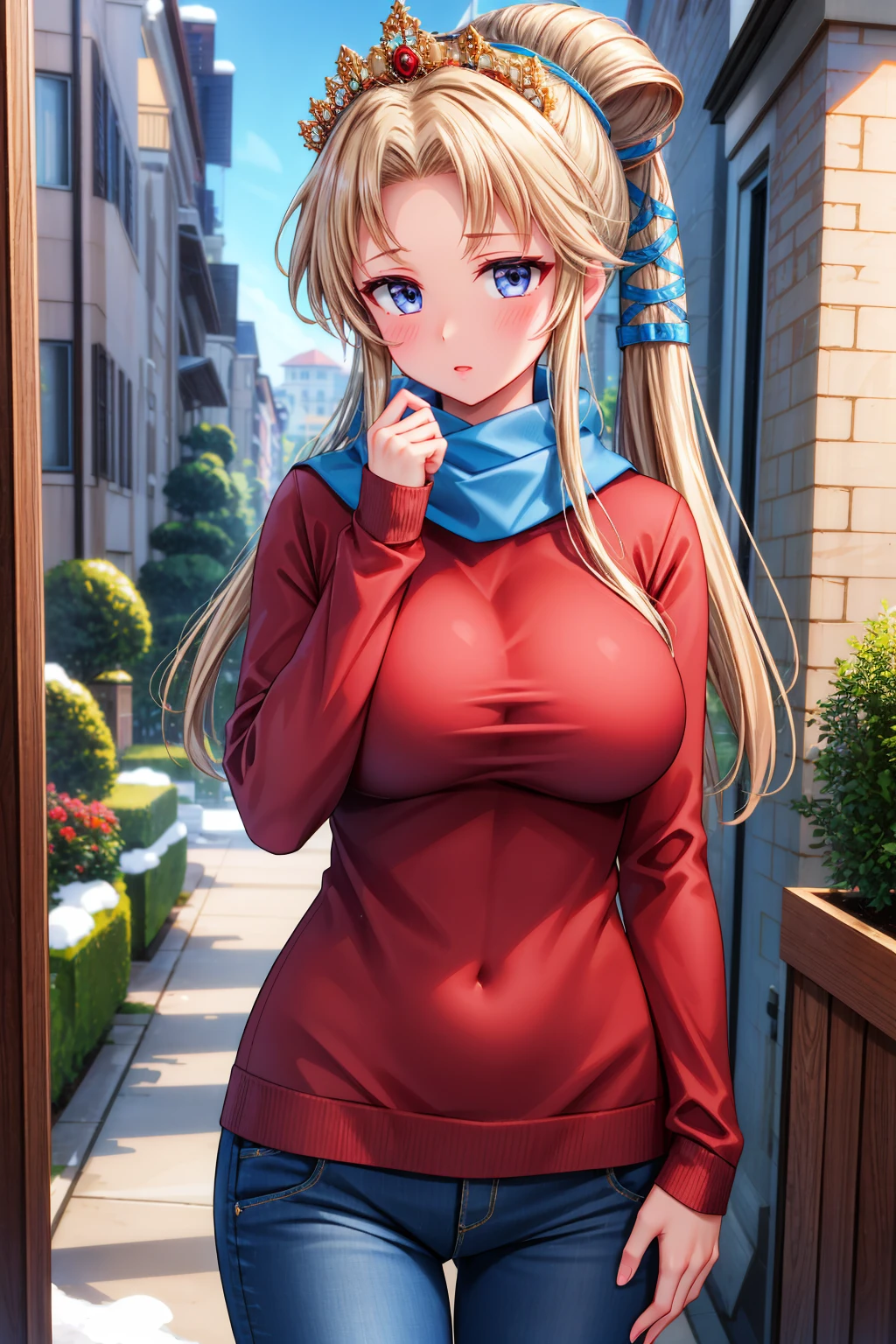 masterpiece, best quality, <lora:nyna-nvwls-v1-000009:0.9> nyna, hair ribbon, crown, red sweater, scarf, jeans, winter, outdoors, looking at viewer, blush, large breasts