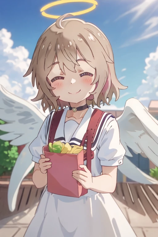 best quality, masterpiece, highres, solo, {kanon_konomori_watashinitenshigamaiorita:1.15}, blush, brown_hair, smile, short_hair, ahoge, bangs, brown_eyes, closed_mouth, closed_eyes, angel, angel_wings, day, halo, wings, 1girl, blue_sky, cloud, outdoors, sky, choker