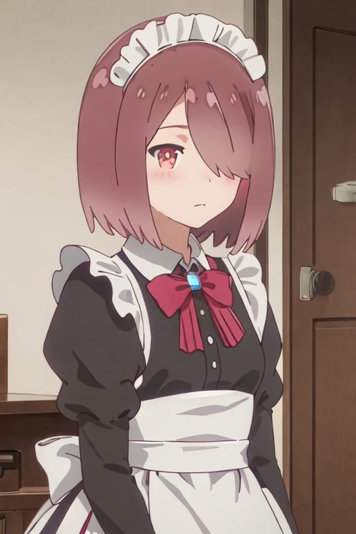 best quality, masterpiece, highres, solo, {maid:1.40}, {long maid dress:1.15}, {miyako_hoshino_watashinitenshigamaiorita:1.15}, brown_hair, short_hair, blush, hair_over_one_eye, red_eyes, bangs, closed_mouth