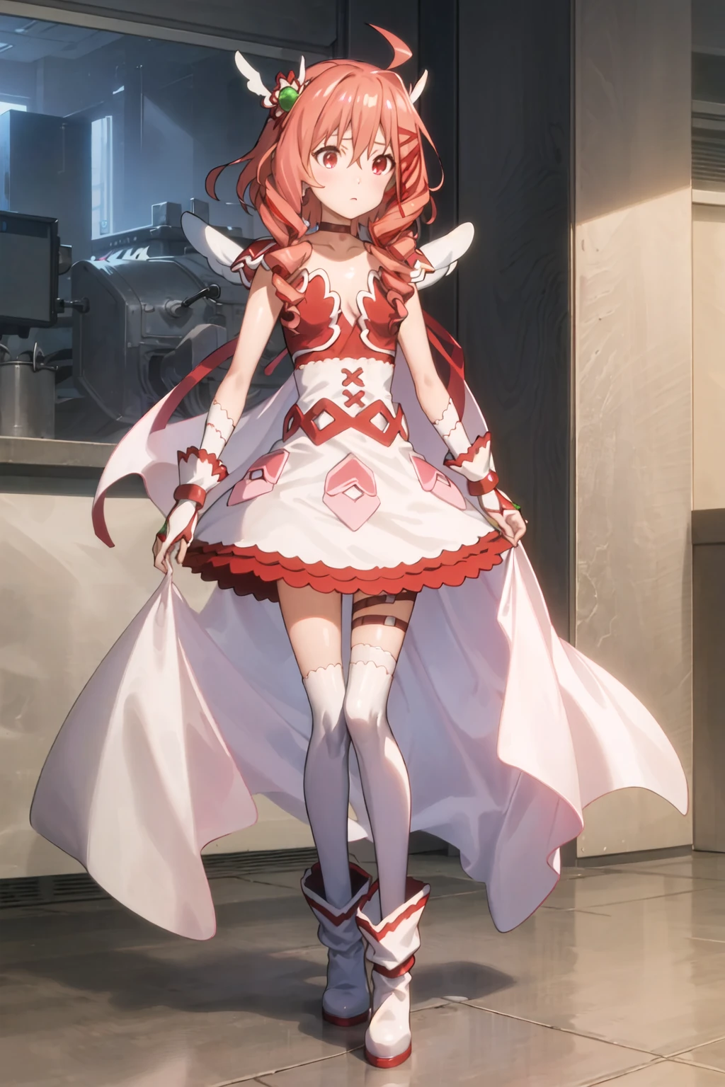 best quality, masterpiece, highres, game cg, illustration, solo, 1girl, full body,
 <lora:madoi_v3:0.7> madoi, white thighhighs, ankle boots, white footwear, fingerless gloves, hair ornament, red choker, cape, wings, drill hair, pink hair, red eyes