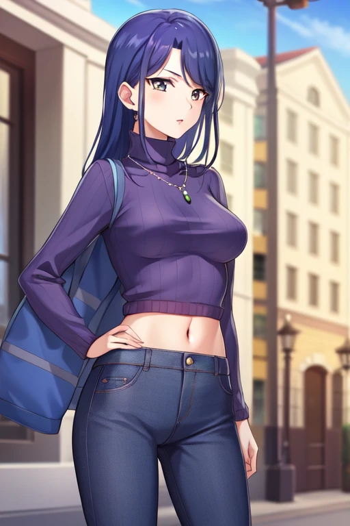 minazukikaren, jewelry, sky, navel, medium breasts, necklace, sidelocks, day, pants, sweater, turtleneck