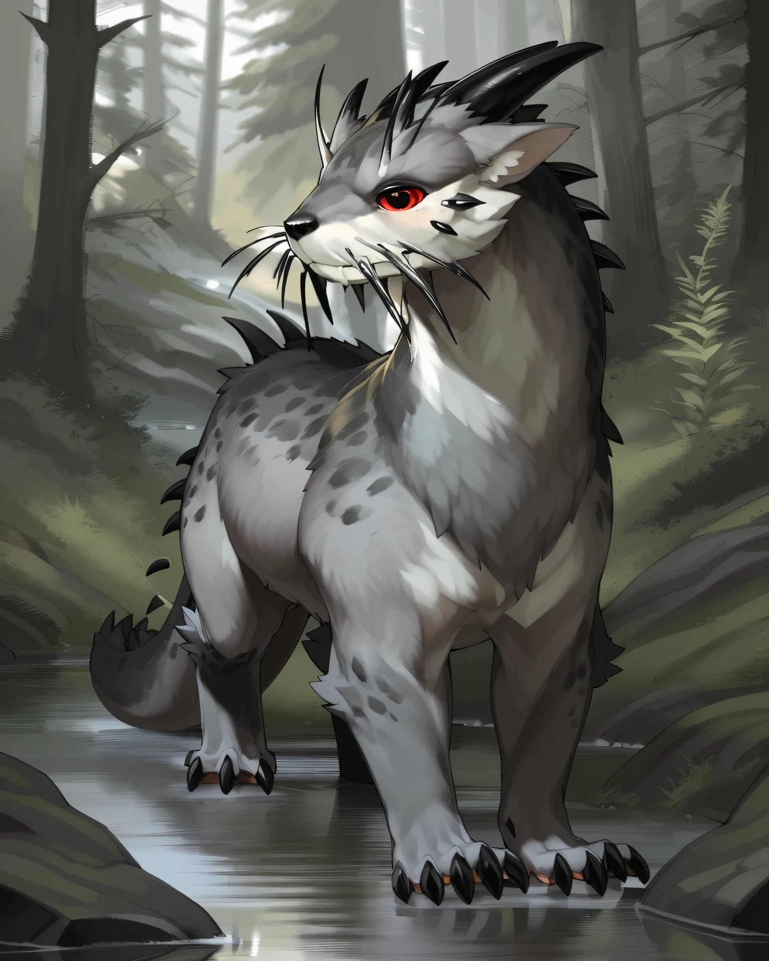 <lora:WoW_Ottuk_a1_8_VPred:1>,
feral,ottuk,solo,hi res,
detailed background,outdoors,by kame 3,forest,river,grey fur,red eyes,black accents,(fangs),whiskers,side view,