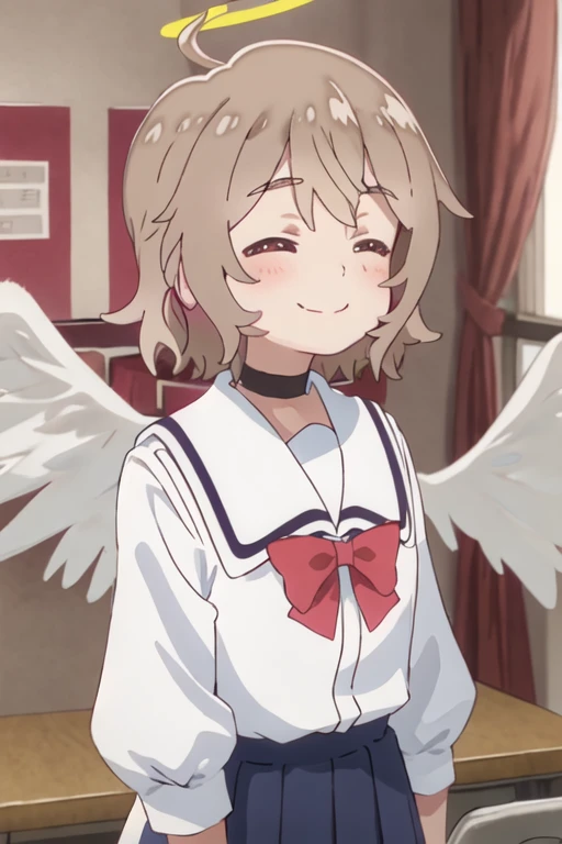 best quality, masterpiece, highres, solo, {kanon_konomori_watashinitenshigamaiorita:1.15}, blush, brown_hair, smile, short_hair, ahoge, bangs, brown_eyes, closed_mouth, closed_eyes, angel, angel_wings, halo, shirt, upper_body, white_shirt, wings, 1girl, choker, indoors, white_wings