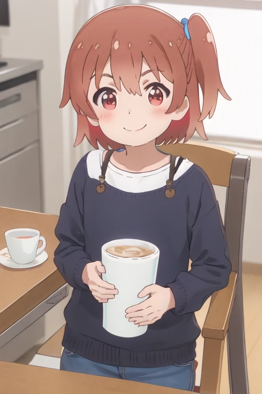 best quality, masterpiece, highres, solo, {hinata_hoshino_watashinitenshigamaiorita:1.15}, brown_hair, blush, bangs, red_eyes, short_hair, closed_mouth, smile, female_, one_side_up, hair_between_eyes, indoors, 1girl, looking_at_viewer, shirt, upper_body, childe_ponytail, medium_hair, split_mouth, blue_shirt, chair