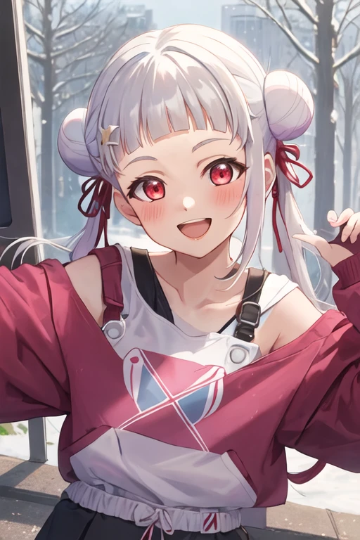 best quality, masterpiece, highres, solo, {arashi_chisato_lovelivesuperstar:1.15}, bangs, white_hair, hair_bun, double_bun, red_eyes, smile, blush, twintails, long_hair, blunt_bangs, open_mouth