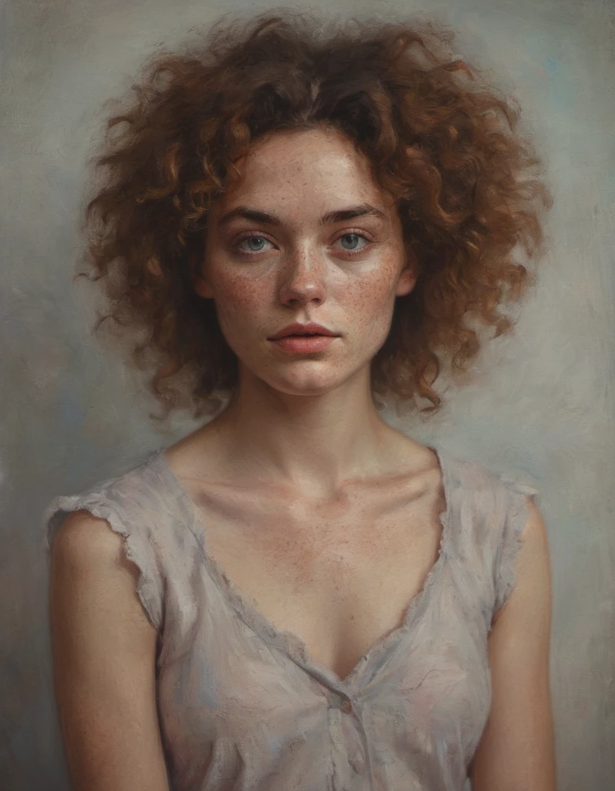 A delicate, oil painting portrays, a nude beautiful young Emma Watson, medium firm breasts, round and firm nipples, standing bare beet without background, The full body framing is tight, focusing attention on the subject's serene face. nude