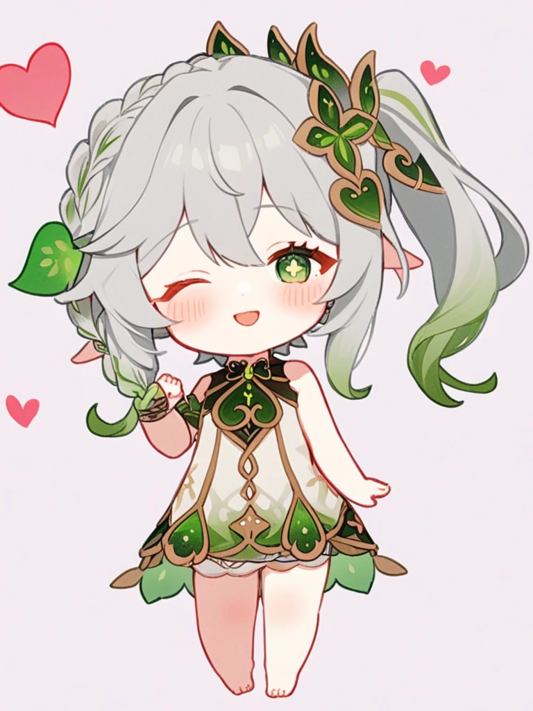 <lora:纳西妲:1>ï¼nahida_\(genshin_impact\), green_eyes, one_eye_closed, heart, hair_ornament, 1girl, smile, symbol-shaped_pupils, green_hair, side_ponytail, blush, bangs, chibi, pointy_ears, multicolored_hair, leaf_hair_ornament, grey_hair, solo, hair_between_eyes, white_hair, long_hair, white_dress, ;\), closed_mouth, braid, cross-shaped_pupils, looking_at_viewer