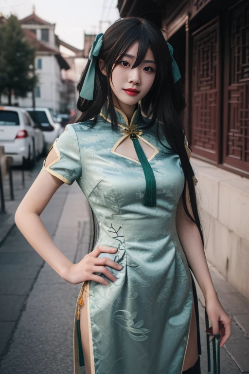 ltra-detailed,highly detailed,best quality,masterpiece,illustration,realistic,photorealistic,
sunshangxiang,qipao, 1girl, solo, cosplay, cowboy shot, looking at viewer,
<lora:sunshangxiang qipao_v1_06:0.7>