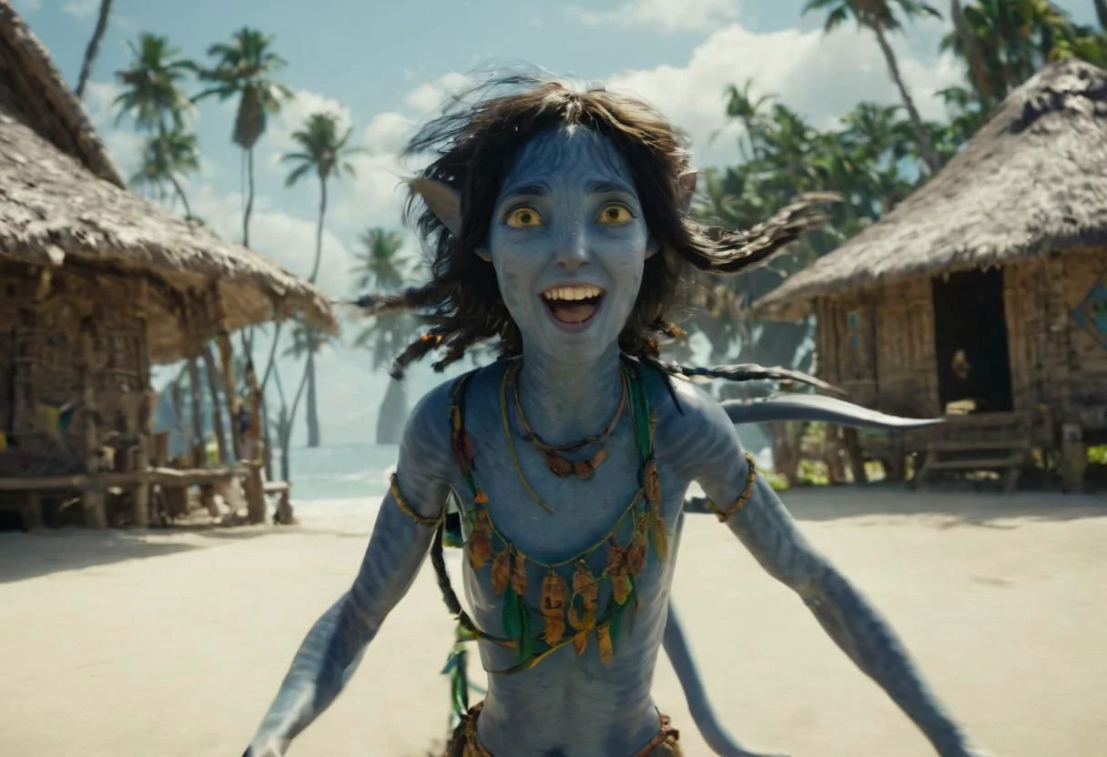 Kiri running fast and jumping on beach sand, smiling, laughing, [[closeup]], big eyes wide open, seaside, tribal huts and trees and ((sea with (high surf))) on background, symmetrical eyes, symmetrical pupils, (wide heavy necklace), SK_CINEMATIC