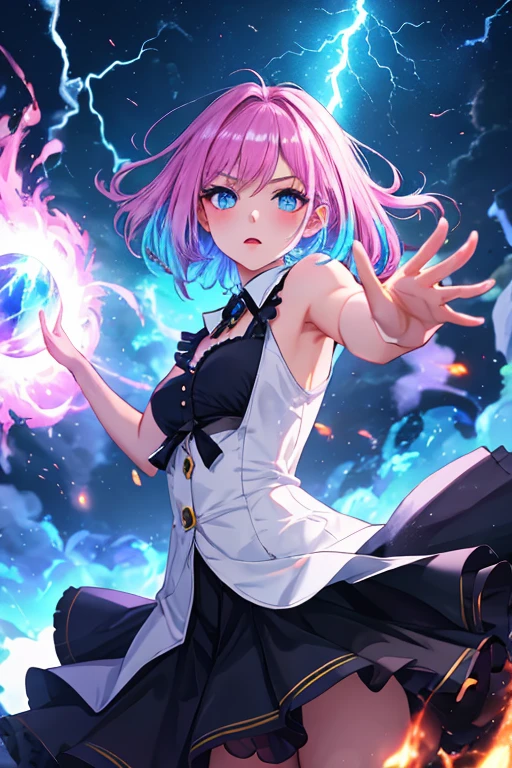 cinematic, cinematography, available light, sharp absurdres aesthetic, upper body shot, phantasmagoria, casual 1girl fashionista|student, multicolored florals, dutch angle, dynamic telekinesis, fire|ice|lightning|light|sparkle effect, dramatic positive tone, attack battle pose