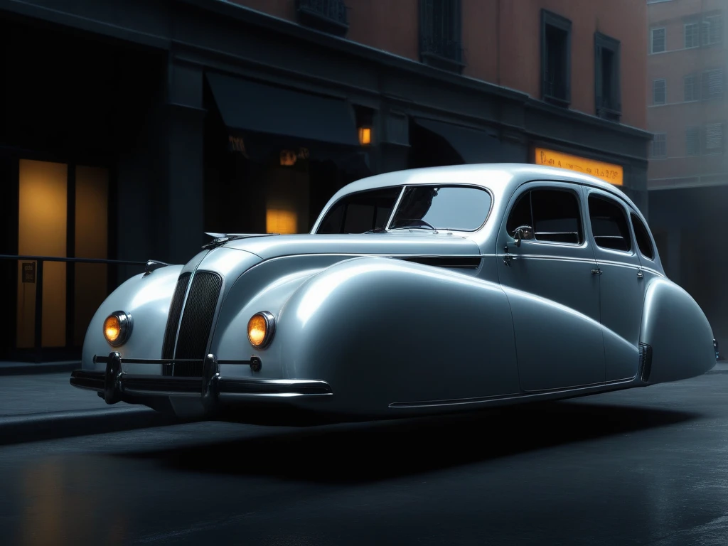 hovering cars, <lora:Hovering_Car_SDXL_v1:1>Hovering_Car, 1937, city streets, no wheels,, (1939s sedan automobile) retro cyberpunk style, clean lines, sharp edges, streamline, (futuristic concept car:1.2), detailed, vintage style, hyper realistic, 16k, cinematic lighting, wide shot, f/3.6, gotham city background, gloomy, haze, perfect composition, beautiful detailed intricate insanely detailed octane render trending on artstation, 8 k artistic photography, photorealistic concept art, soft natural volumetric cinematic perfect light, chiaroscuro, award - winning photograph, masterpiece, oil on canvas, raphael, caravaggio, greg rutkowski, beeple, beksinski, giger