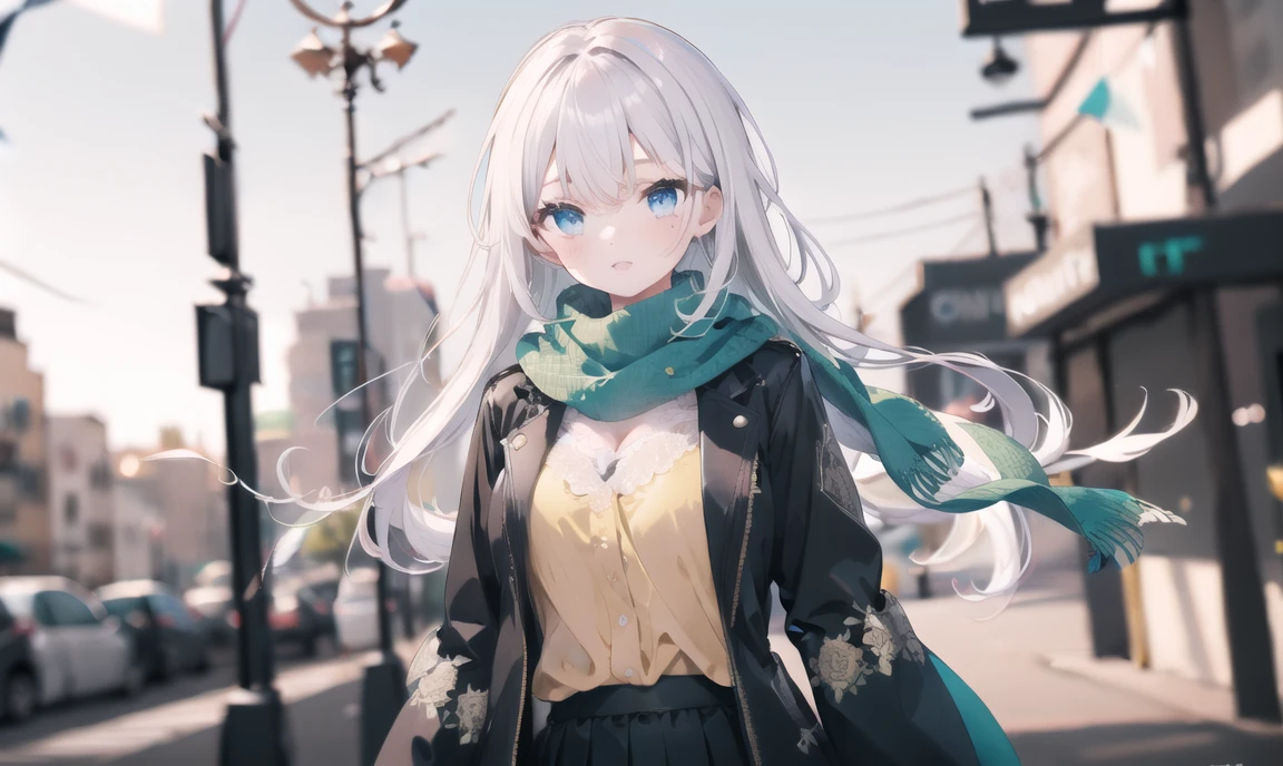 finely detail, Depth of field,best quality, illustration,highres,intricate detail, an extremely delicate and beautiful,
1girl, long hair, shirt, yellow shirt, (namess koishi:0.4), disheveled hair, breasts black jacket, black sleeves,white hair, green scarf, blue eyes, ,skirt, <lora:20240107-1704597280257-0002:0.75>
city,