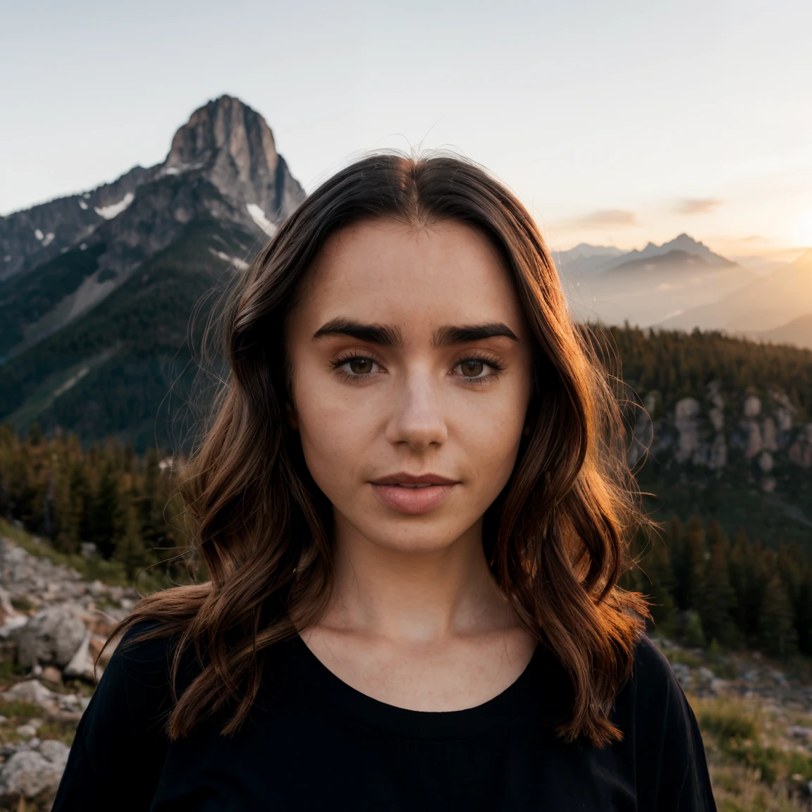 llcoll,long hair,black hair,upper body,t-shirt,sunrise,mountains,bokeh