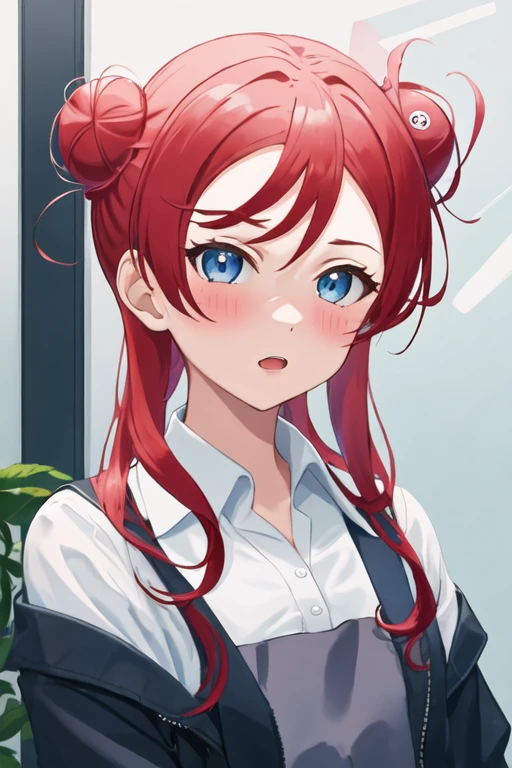 best quality, masterpiece, highres, solo, {yoneme_mei_lovelivesuperstar:1.15}, blue_eyes, red_hair, bangs, hair_bun, blush, single_hair_bun, 1girl, looking_at_viewer, shirt, yuigaoka_school_uniform, collared_shirt, school_uniform, upper_body, white_background, white_shirt, jacket, simple_background, long_hair, portrait, single_side_bun, open_mouth