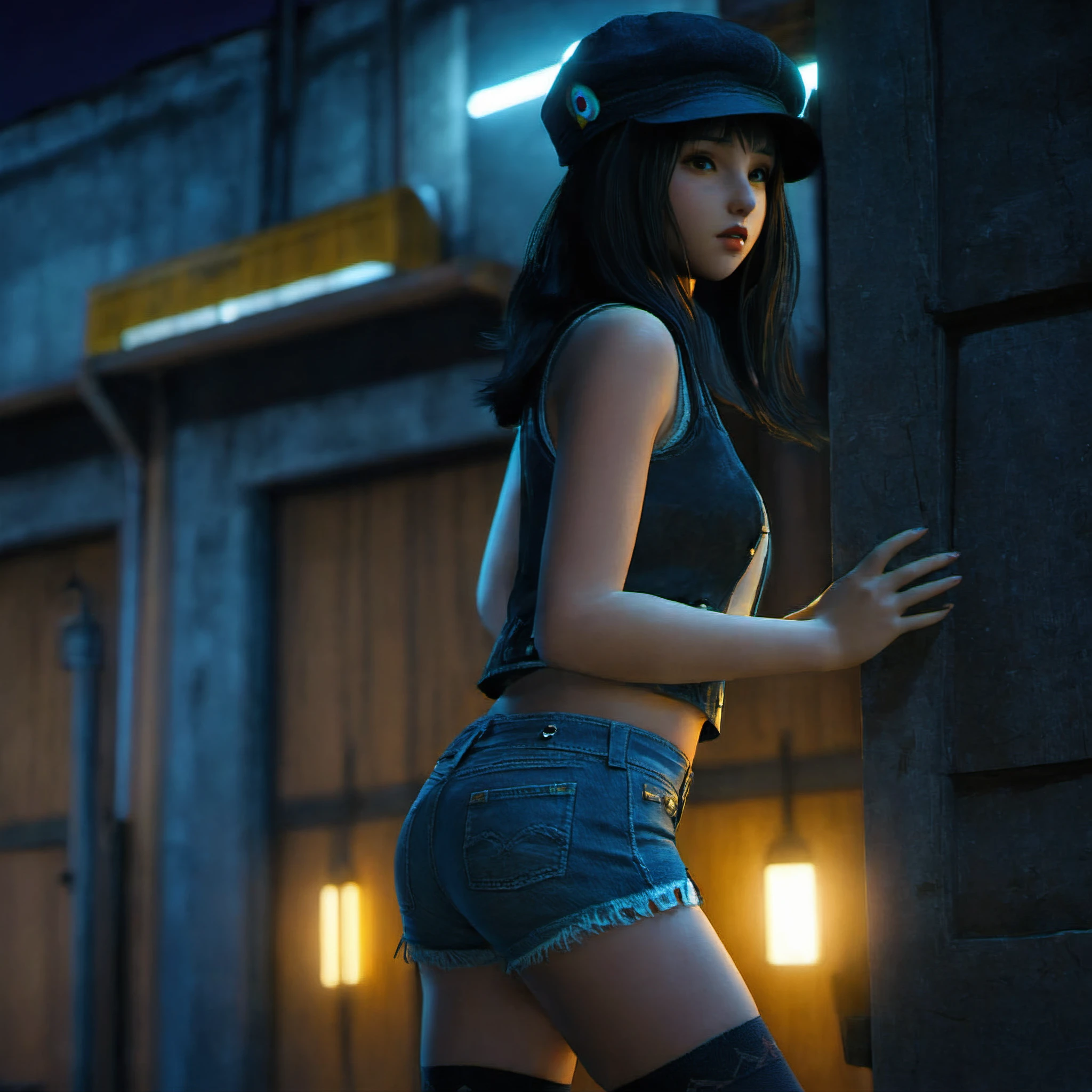 masterpiece, best quality, 1girl, the girl called kyrie canaan, 3d style, hat, cinematic, movie still, from side, denim shorts, thighhighs, a girl is depicted in a sneaky pose, looking like she is about to steal something, with medium-length dark hair, The setting is an urban street at night, dimly lit by streetlights, with shadows casting an air of mystery, The girl is glancing around cautiously, with a mischievous expression on her face, her body slightly hunched as if ready to grab something quickly, <lora:ff7_kyrie canaan_xl2.0-000014:0.8>