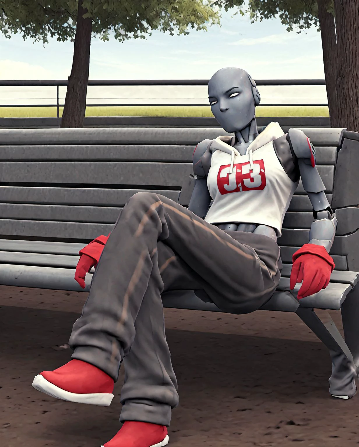 (intricately detailed, best quality, high resolution, highly detailed skin:1.4), (she had little else to do in nottingham right now but hang out in the park and laze about on the benches.:1.3)
looking at viewer, <lora:gr373lTS-10(1):0.85> gr373lts, (feminine robot, mecha, robot joints:1.2), white eyes, bald, mouthless, (short red gloves, white 13 hoodie, track pants, steel skin:1.2), <lora:Mouthless_V1.2:1> , crossing legs, reclining