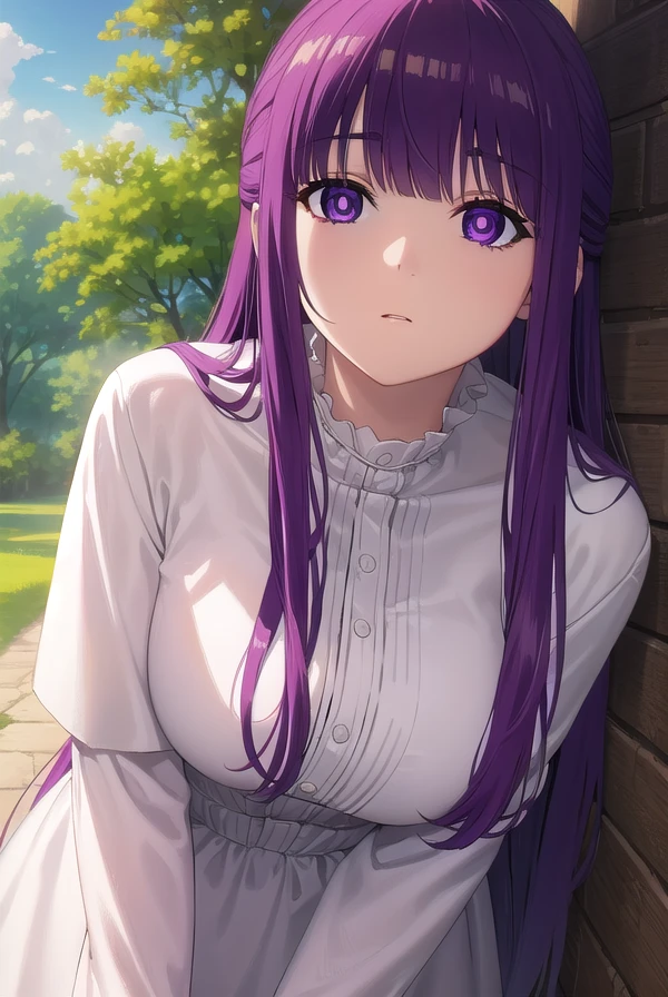 fern, <lora:fern s1-lora-nochekaiser:1>,
fern, long hair, bangs, (purple eyes:1.1), purple hair, sidelocks, blunt bangs, (bright pupils:1.5), half updo,
BREAK long sleeves, dress, white dress, long dress, robe, black robe,
BREAK outdoor, sky, clouds, sun, forest, trees,
BREAK looking at viewer, (cowboy shot:1.5),
BREAK <lyco:GoodHands-beta2:1>, (masterpiece:1.2), best quality, high resolution, unity 8k wallpaper, (illustration:0.8), (beautiful detailed eyes:1.6), extremely detailed face, perfect lighting, extremely detailed CG, (perfect hands, perfect anatomy),