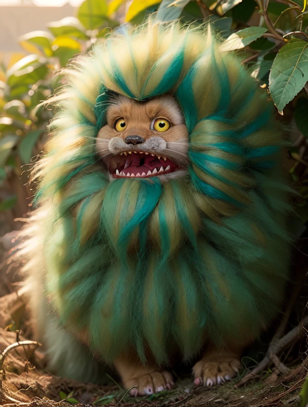 fizzgig, (green haired fizzgig) fluffy ball, ((mouth closed)), hiding in a rosebush, foliage, relaxed, sunset <lora:Fizzgig_Dark_Crystal-000011:1>