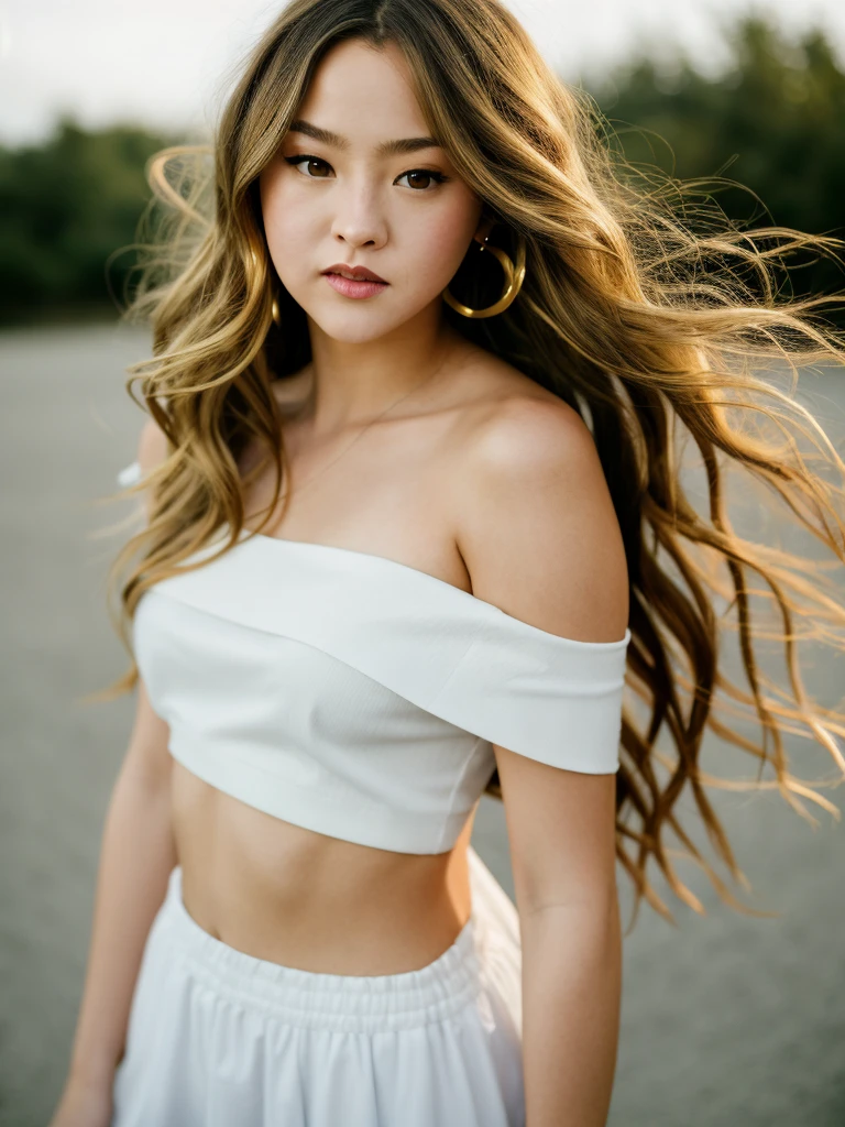 Realistic photo of a beautiful d3v0n4 woman,1girl,solo,long hair,looking at viewer,blonde hair,simple background,white background,bare shoulders,brown eyes,parted lips,off shoulder,lips,looking to the side,portrait,realistic, soft lighting, professional Photography, Photorealistic, detailed, RAW, analog, sharp focus, 8k, HD, high quality, masterpiece<lora:d3v0n4:1.0>