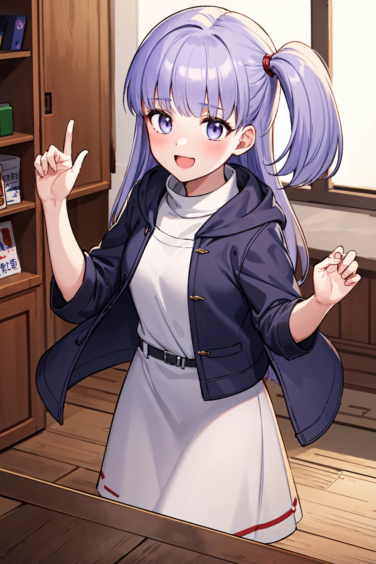 dynamic pose,front view,happy,<lora:marishaV1:1>,marisha,blunt bangs,light purple hair,one side up,outerwear,fengguan,department store,indoors, (masterpiece, best quality, ultra-detailed, best shadow)