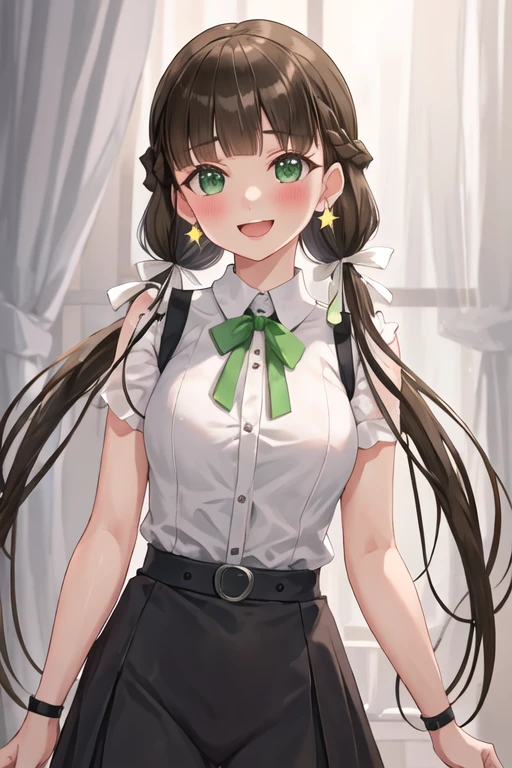 best quality, masterpiece, highres, solo, {sakurakouji_kinako_lovelivesuperstar:1.15}, bangs, brown_hair, long_hair, green_eyes, twintails, low_twintails, blunt_bangs, smile, braid, blush, ribbon, open_mouth, breasts, hair_ribbon, 1girl, earrings, jewelry, star_\(symbol\), looking_at_viewer, upper_body