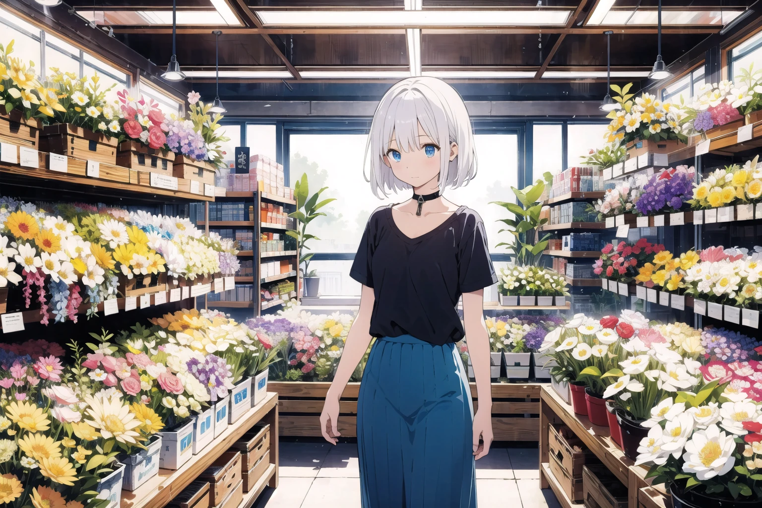 illustration, flower shop, 1girl, solo, looking away, white hair, bob cut, slanted blue eyes, black choker, small breasts, T-shirt, long skirt,