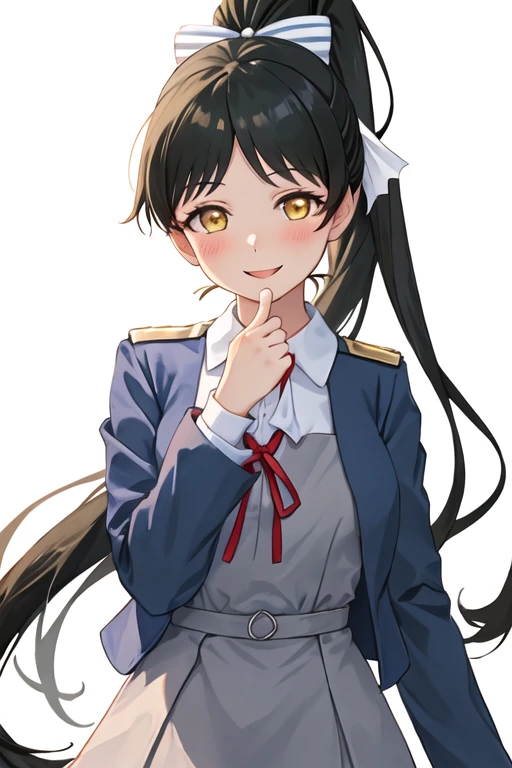 best quality, masterpiece, highres, solo, {hazuki_ren_lovelivesuperstar:1.15}, long_hair, bangs, yellow_eyes, black_hair, ponytail, high_ponytail, smile, blush, shiny_hair, birthday, ribbon, bow, breasts, hair_bow, 1girl, blue_jacket, collared_shirt, jacket, looking_at_viewer, neck_ribbon, red_ribbon, school_uniform, shirt, white_background, yuigaoka_school_uniform, long_sleeves, simple_background, white_shirt, dress, grey_dress, open_clothes, open_jacket, pinafore_dress, closed_mouth, upper_body