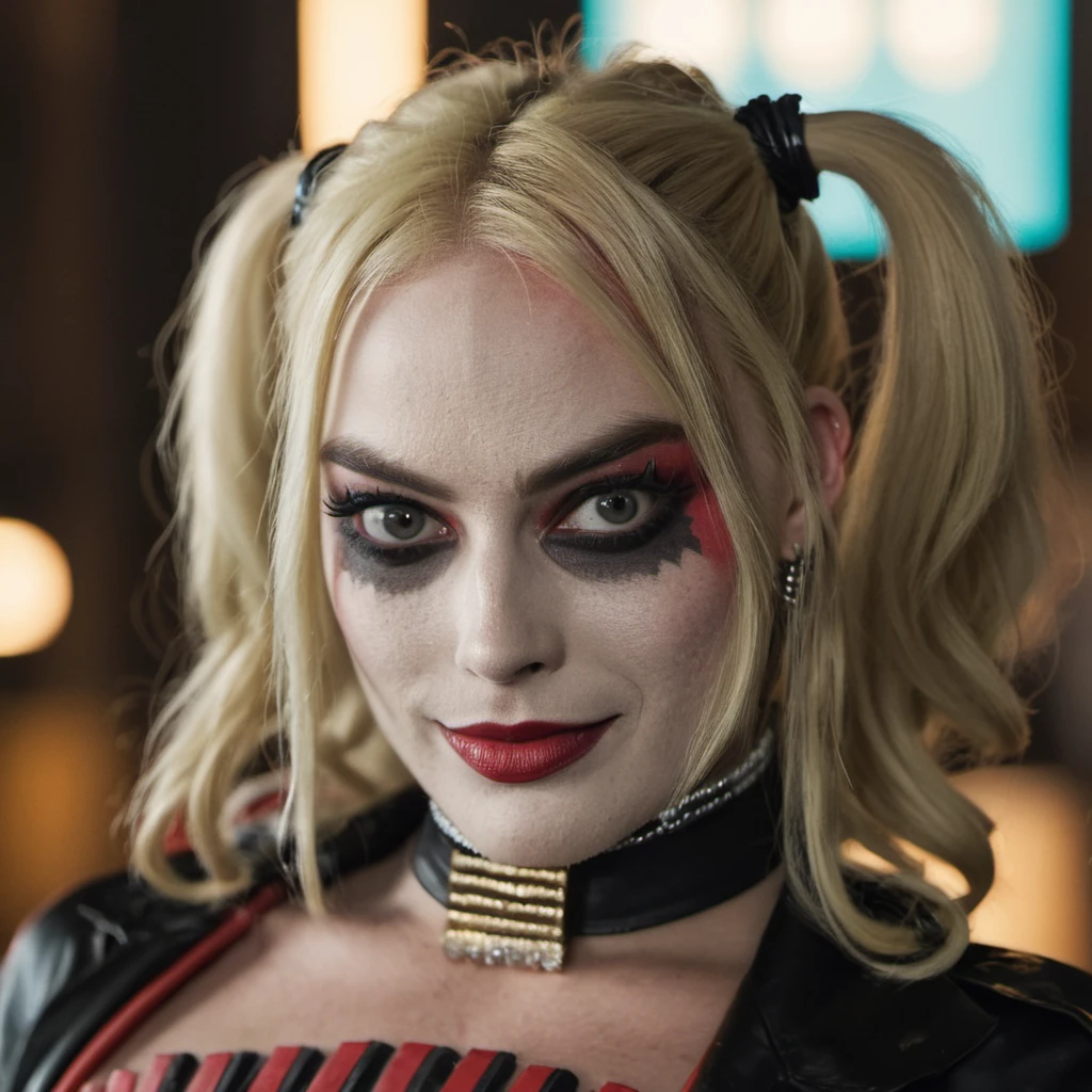 High res portrait photo of an actress dressed as Harley Quinn, f /2.8, Canon, 85mm,cinematic, high quality, skin texture, looking at the camera,<lora:marobbie_xl_1_standard_merge_36_61_09_03_06_01:1>, choker