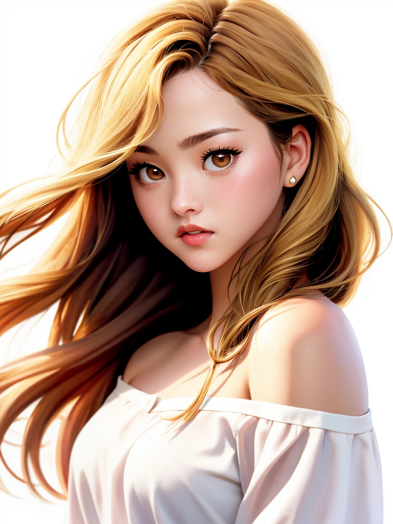 Realistic photo of a beautiful d3v0n4 woman,1girl,solo,long hair,looking at viewer,blonde hair,simple background,white background,bare shoulders,brown eyes,parted lips,off shoulder,lips,looking to the side,portrait,realistic, soft lighting, professional Photography, Photorealistic, detailed, RAW, analog, sharp focus, 8k, HD, high quality, masterpiece<lora:d3v0n4:1.0>
