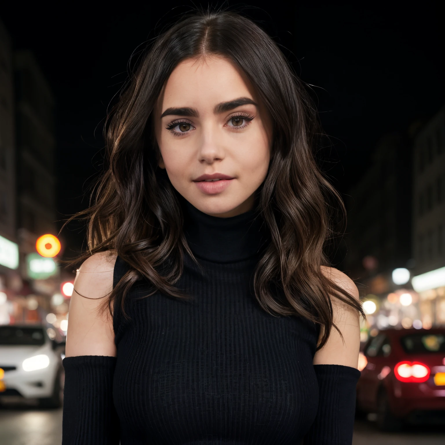 llcoll,long hair,black hair,upper body,turtleneck,dof,night,neon lights,city street