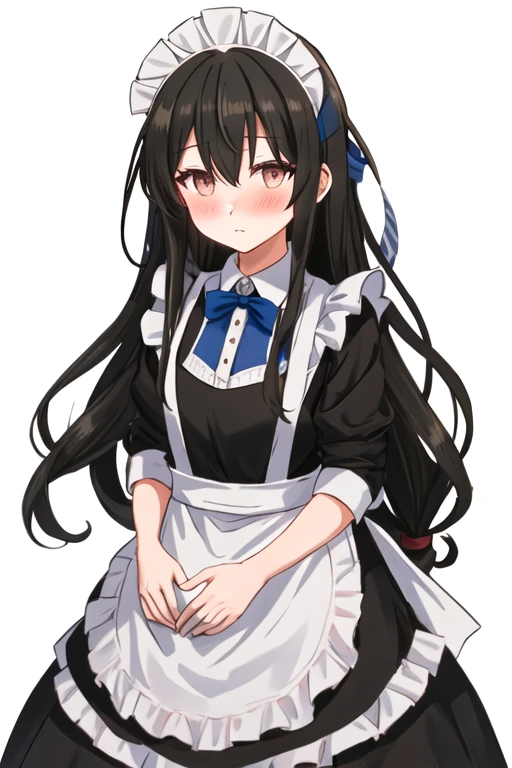 best quality, masterpiece, highres, solo, {hatsushimo_kantaicollection:1.15}, black_hair, long_hair, headband, red_eyes, blush, blazer, blue_headband, hair_between_eyes, low-tied_long_hair, brown_eyes, 1girl, apron, dress, frills, looking_at_viewer, maid, maid_headdress, alternate_costume, enmaided, black_dress, frilled_apron, maid_apron, simple_background, white_apron, white_background