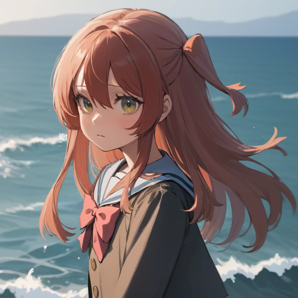 A masterpiece digital art, anime style, a portrait of a girl standing by ocean Kita Ikuyo, long hair, wearing school uniform with a bow <lora:kita_xl-000021:1>