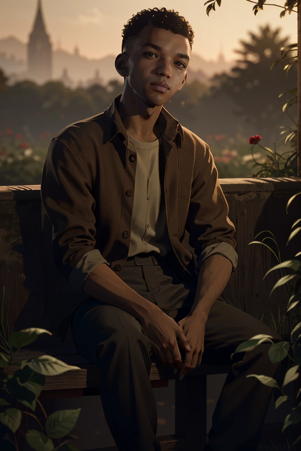 ((ultra detailed, masterpiece, absurdres))
 <lora:QuarryRyan:0.9>
QuarryRyan, 1boy, solo, black hair, brown eyes, dark skin, sitting in a garden, roses, colorful, cinematic lighting
