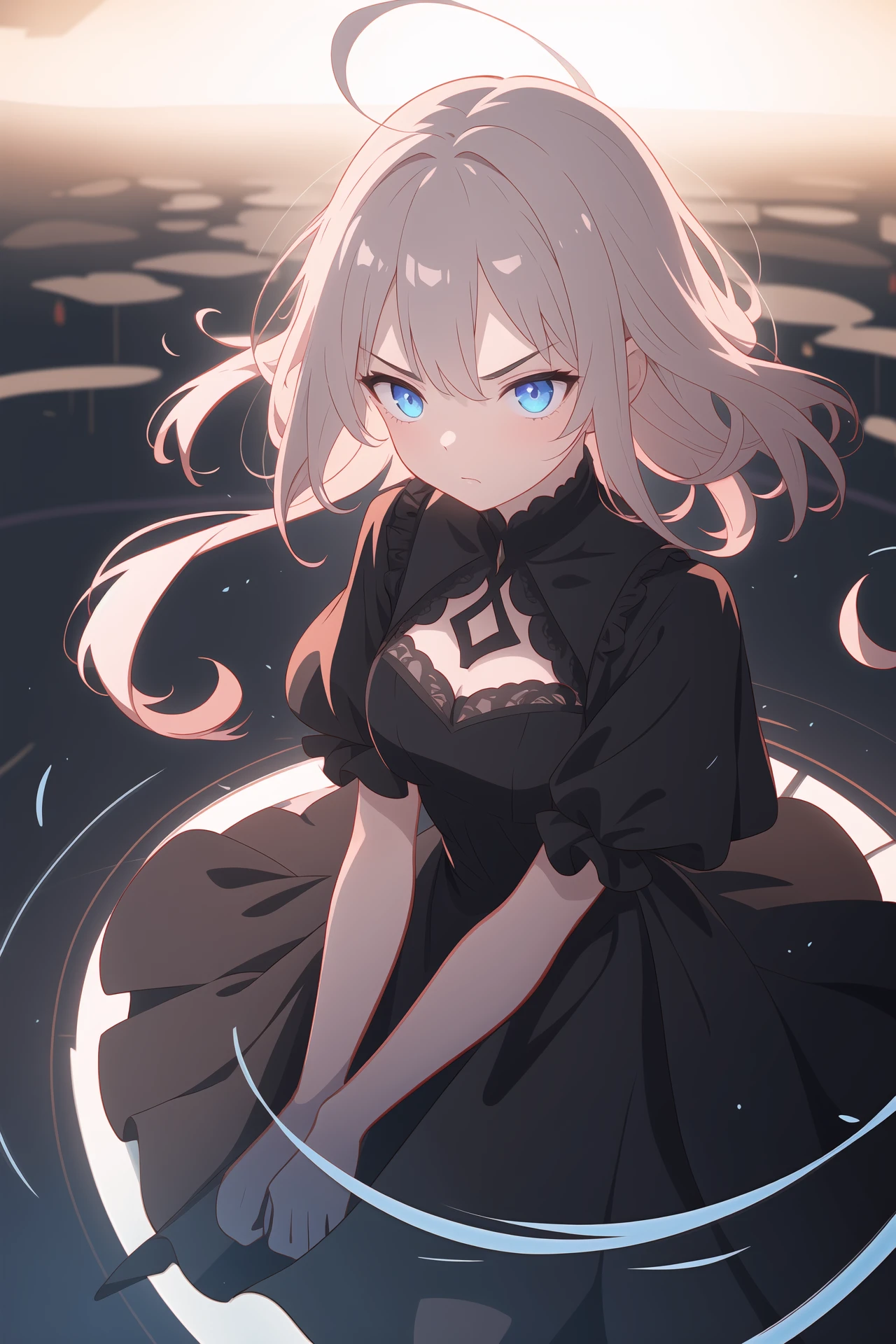 (best quality, masterpiece, highres),1girl,staring,kuudere,furrowed brow,floating hair,black dress,depth of field,panorama,glowing lines,shiny,