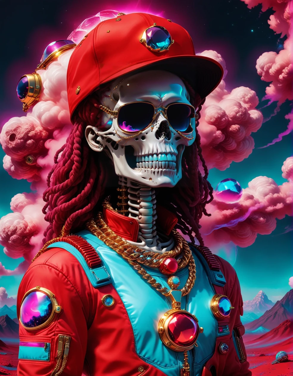 <lora:SkeletoNaut-000009:1>  SkeletoNaut red blue vaporwave style clouds, skeleton astronaut, aura, vibrant energy,  wearing diamond and gold cuban links necklaces,  red bling bling military space suit, a ton of jewelry, fitted ball cap, forward facing