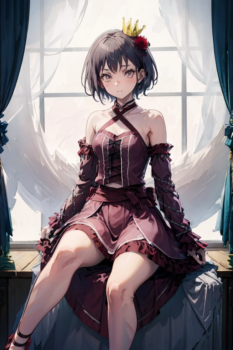 1girl,solo,panorama,chain,bow tie,crown,flower,detached sleeves,red dress,puttee,dance shoes,<lora:RomeoAndCinderella:0.8>,RAC,<lora:TakamatsuTomori:1>,short hair,simple background,(sitting:1.4),brown eyes,expressionless,, masterpiece,best quality,highres,ultra high res,(abstract art:1.2),2d,(highlydetailed),(colorful),(intenseexpression),(fashionable),