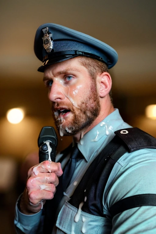 masterpiece, best quality, highres, intricate detail, photo of a muscular policeman talking on a walkie talkie, furrowed brow, serious, looking at viewer, brown hair, police uniform, police hat, open mouth, talking, full beard, facial hair, blue eyes, <lora:MaleBukkakeLora:0.8>, (excessive cum, cum on face, cum on body, cum on clothes, cum on hands:1.3), CUM DRIP, EJACULATION, walkie-talkie,
