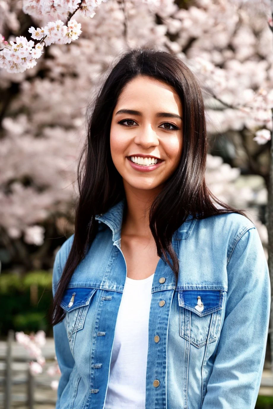 Instagram picture of a beautiful woman in a denim jacket with a white t-shirt and jeans,Kyoto, Japan during cherry blossom season,portrait from above, epic character composition,by ilya kuvshinov, alessio albi, nina masic,sharp focus, subsurface scattering, f2, 35mm, film grain ,latina,smile <lora:viennabl:1>