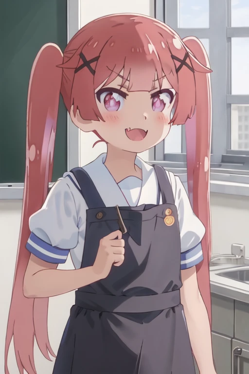 best quality, masterpiece, highres, solo, {koyori_tanemura_watashinitenshigamaiorita:1.15}, bangs, blush, long_hair, hair_ornament, x_hair_ornament, twintails, purple_eyes, red_hair, closed_mouth, smile, brown_hair, indoors, very_long_hair, 1girl, apron, head_scarf, looking_at_viewer, puffy_sleeves, school_uniform, shirt, short_sleeves, upper_body, v-shaped_eyebrows, white_shirt, fang, puffy_short_sleeves, sailor_collar, :d, open_mouth, white_sailor_collar