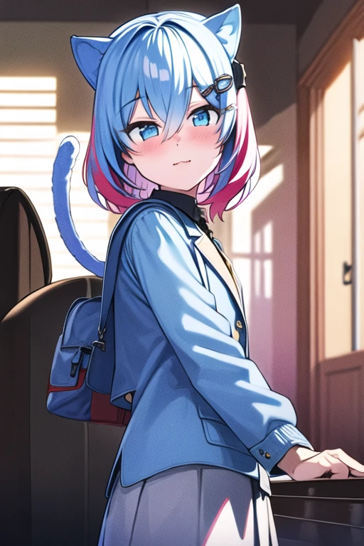 best quality, masterpiece, ultra high res, 1girl, blue eyes, blue hair, multicolored hair, pink hair, hair between eyes, medium hair, hair ornament, hair rings, hairclip, small breasts, cat ears, cat tail, grey caplet, grey jacket, grey skirt, blush, cowboy shot, looking at viewer <lora:kanzarin:1>