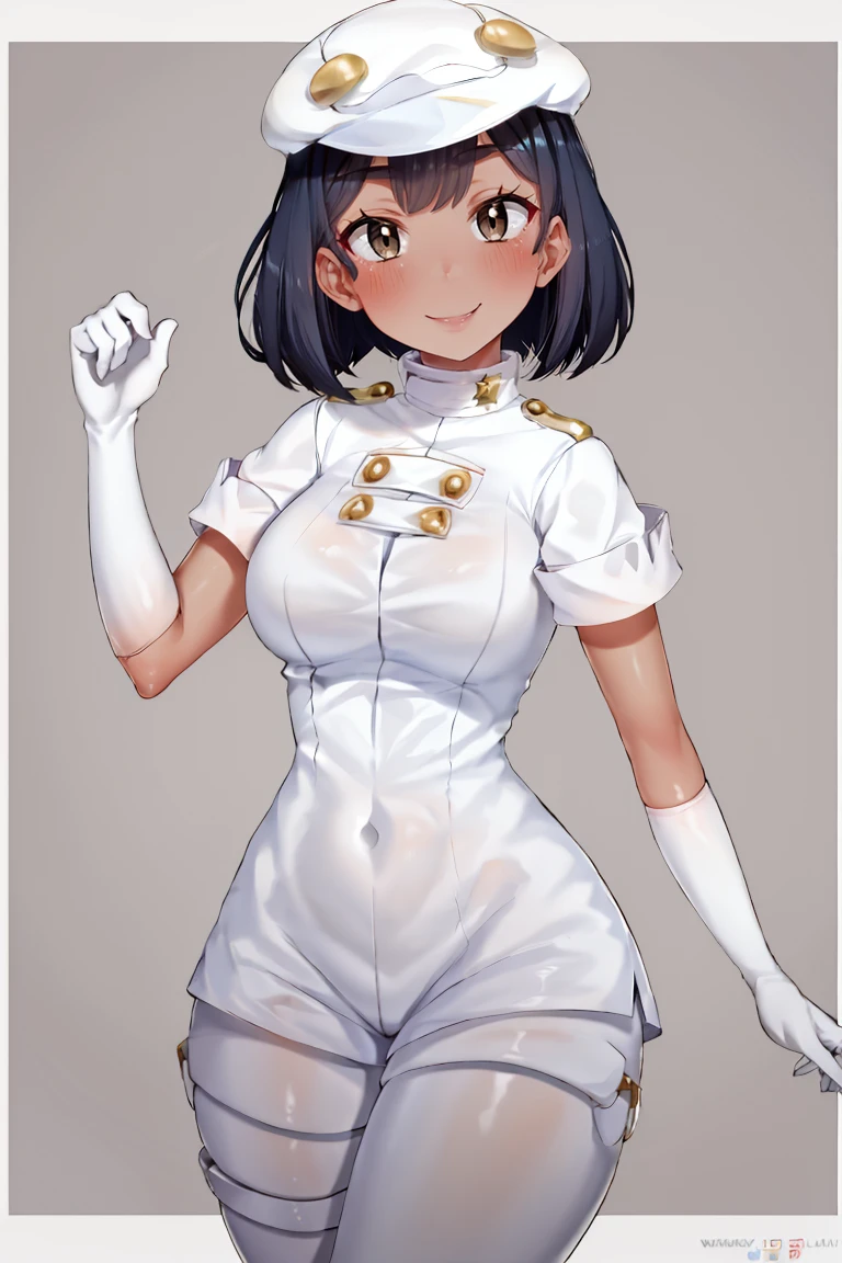 <lora:Puppypaww_Style:0.8>,((masterpiece,best quality)), absurdres, <lora:Aether_Foundation_Employee_Pokemon:0.8>, Aether_Foundation_Employee_Pokemon, solo, 1girl, dark skin, white cabbie hat, black hair, white uniform, white pantyhose, white gloves, solo, smiling, looking at viewer, cowboy shot