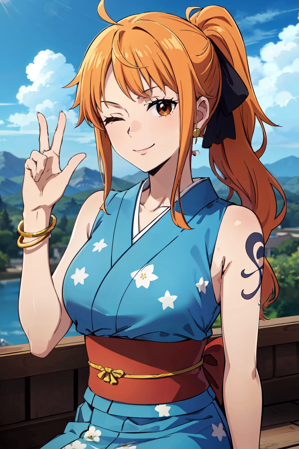 2d, masterpiece, best quality, anime, highly detailed face, highly detailed background, perfect lighting, nami, 1girl, solo, one eye closed, long hair, smile, jewelry, sash, japanese clothes, obi, orange hair, kimono, bow, light blue kimono, flower, flower print, earrings, looking at viewer, sleeveless kimono, ahoge, ribbon, hair bow, sky, day, bracelet, sleeveless, ;\), blue bow, outdoors, breasts, cloud, closed mouth, ponytail, blue sky, brown eyes, orange eyes, left shoulder tattoo, bare shoulders, very long hair, sidelocks, bangs, collarbone, upper body, left arm tattoo, bare arms, official alternate costume, blurry, hand gesture, alternate costume, medium breasts, blurry background, large breasts, eyelashes, mountain, parody, cloudy sky, sitting, shiny hair, bangle, wavy hair, <lora:Nami_Pos768-10:1>