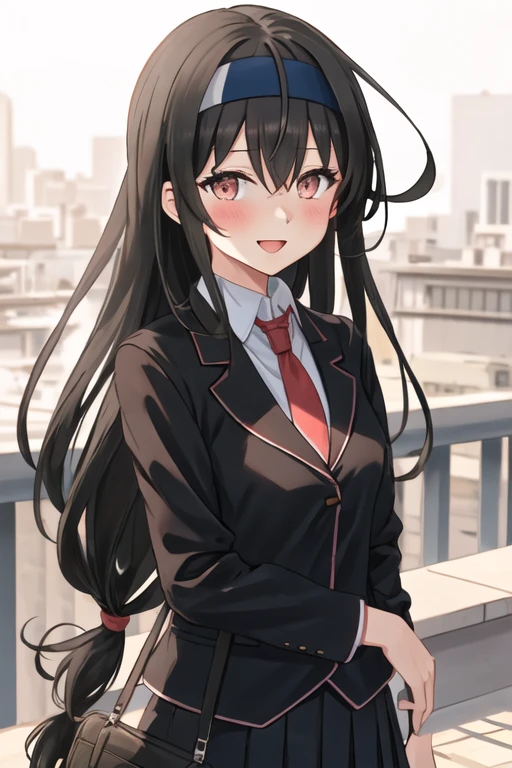 best quality, masterpiece, highres, solo, {hatsushimo_kantaicollection:1.15}, black_hair, long_hair, headband, red_eyes, blush, blazer, blue_headband, hair_between_eyes, low-tied_long_hair, brown_eyes, 1girl, collared_shirt, jacket, looking_at_viewer, open_mouth, school_uniform, shirt, smile, necktie, red_necktie, white_shirt, black_jacket, long_sleeves, skirt, upper_body